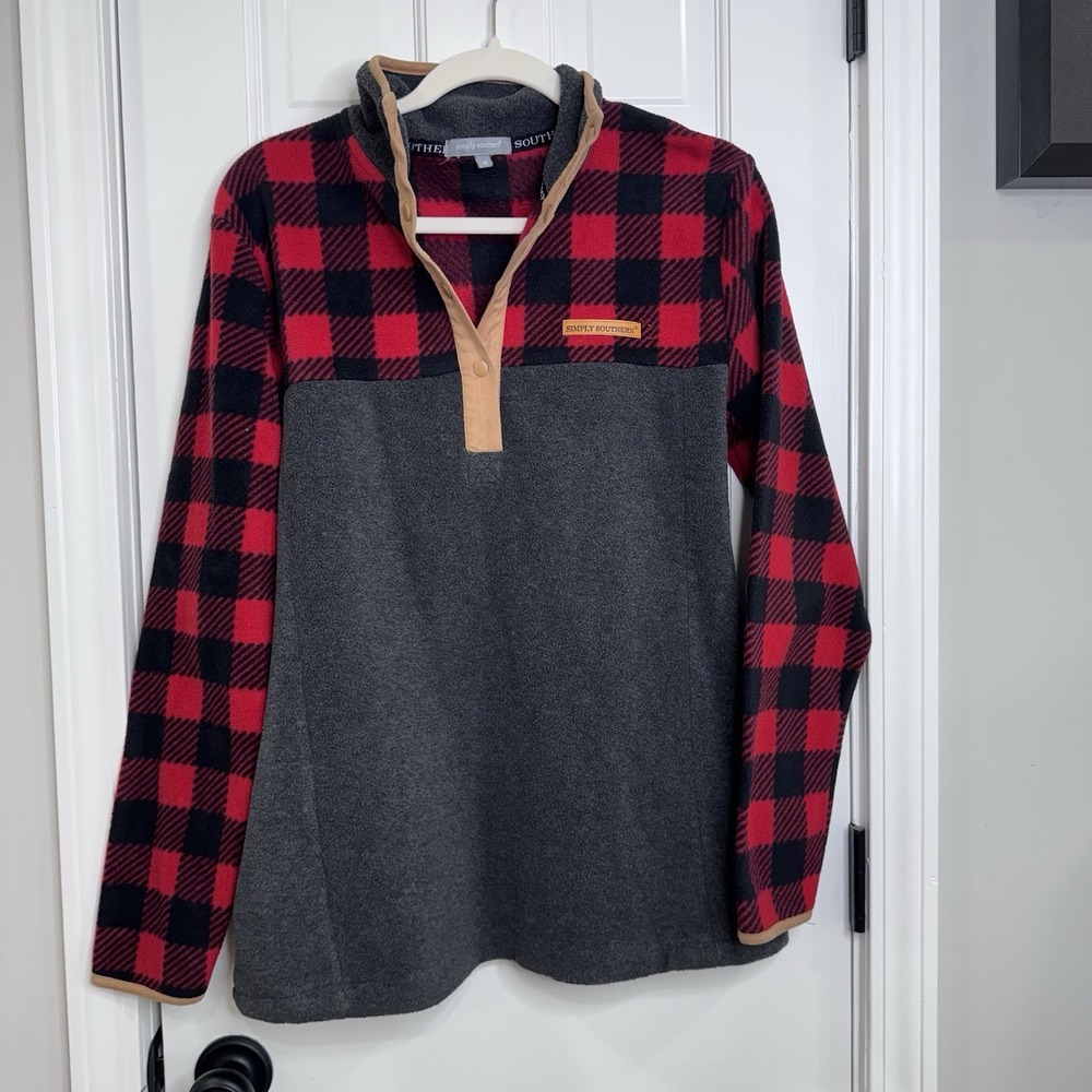 Simply Southern Buffalo Plaid Fleece Pullover Womens Medium Snap Gray Red